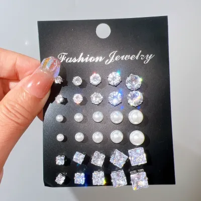 Elegant Round Zircon Stud Earring Set (15 Pairs)